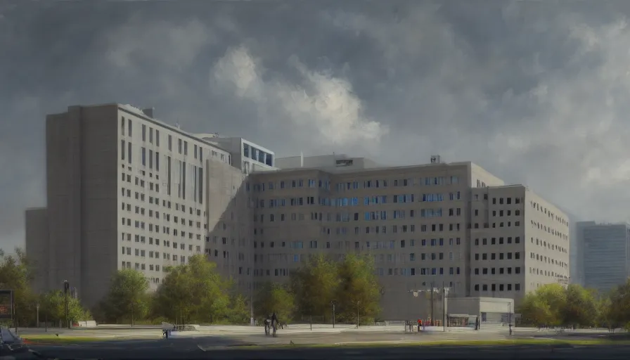 Prompt: mass general hospital building, hyperrealistic, highly detailed, cinematic, beautiful, cgssociety, artstation, 8 k, oil painting