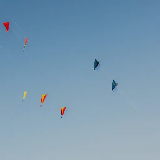 Prompt: kites flying in a blue sky