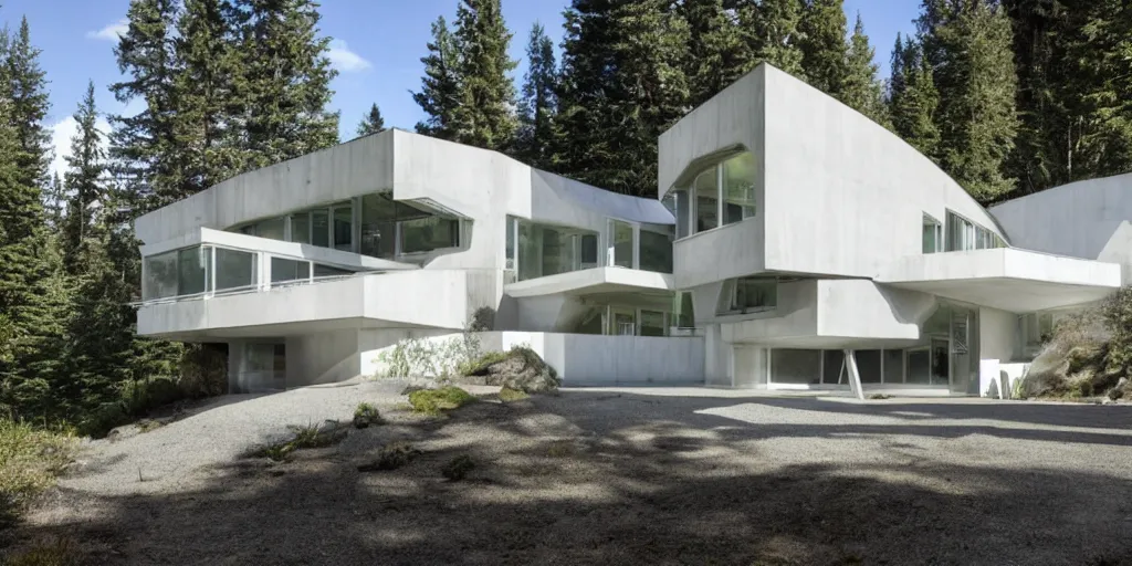 Image similar to large modern futuristic residence, pacific northwest, sunny, white concrete, large geodesic windows, long features, right angles