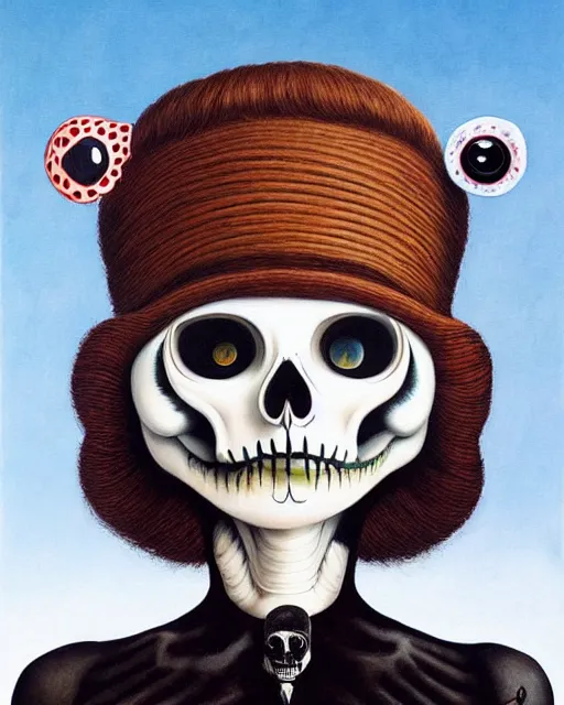 Image similar to a surrealistic head and shoulder painting of a gorgeous female skeleton with cat eyeballs and lipstick, in the style of rene magritte and mark ryden, digital art, detailed masterpiece