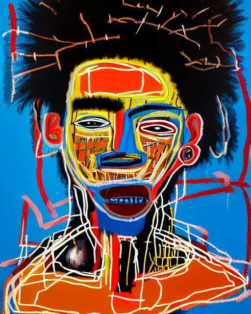 Image similar to A extremely ultra highly detailed majestic hi-res beautiful immaculate head and shoulders award winning painting stunning portrait masterpiece of the face of a strong black african man by Jean-Michel Basquiat, 8k, high textures, ultra hyper sharp, insanely detailed and intricate, super detailed, 8k HDR ultra high quality