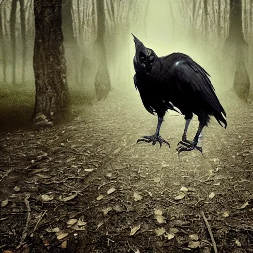 Image similar to werecreature consisting of a crow and a human, werecrow, photograph captured in a dark forest