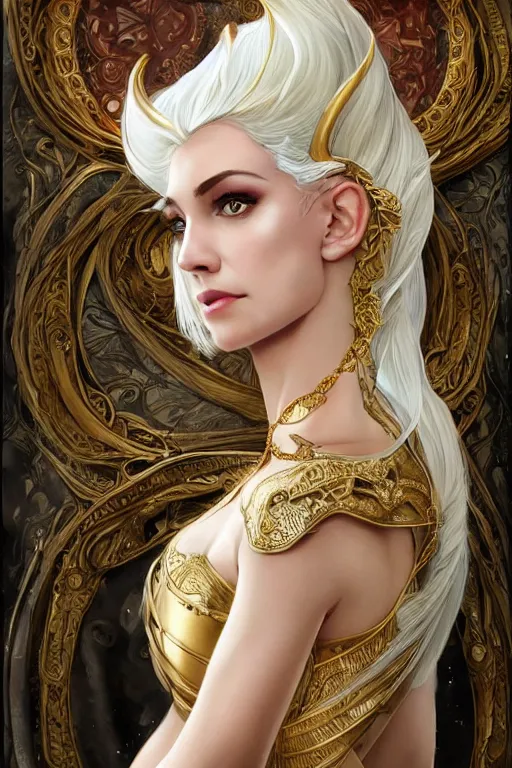 Image similar to fullbody!! of a beautiful woman with white hair, pointy ears, big natural horns on her head, long flowing intricate dress, gold jewellery, dnd, face, fantasy, intricate, elegant, highly detailed, digital painting, artstation, concept art, smooth, sharp focus, illustration, art by artgerm and greg rutkowski and alphonse mucha