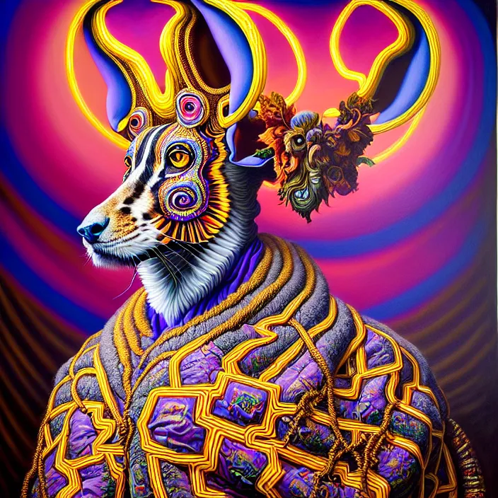 Image similar to beautiful oil painting, full length portrait of zulu dauphinois in baroque coronation robes 1701, Dan Mumford, Dan Mumford, Alex grey, hyacinthe rigaurd, highly detailed , lsd visuals, dmt fractal patterns, visionary art, psychedelic art, ornate, vaporwave, baroque, Greg rutkowski