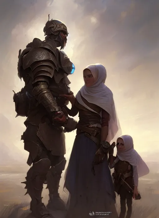 Prompt: portrait of male epic armored war commander hugging female kids with hijab. highly detailed, digital painting, concept art, smooth, sharp focus, illustration, art by greg rutkowski