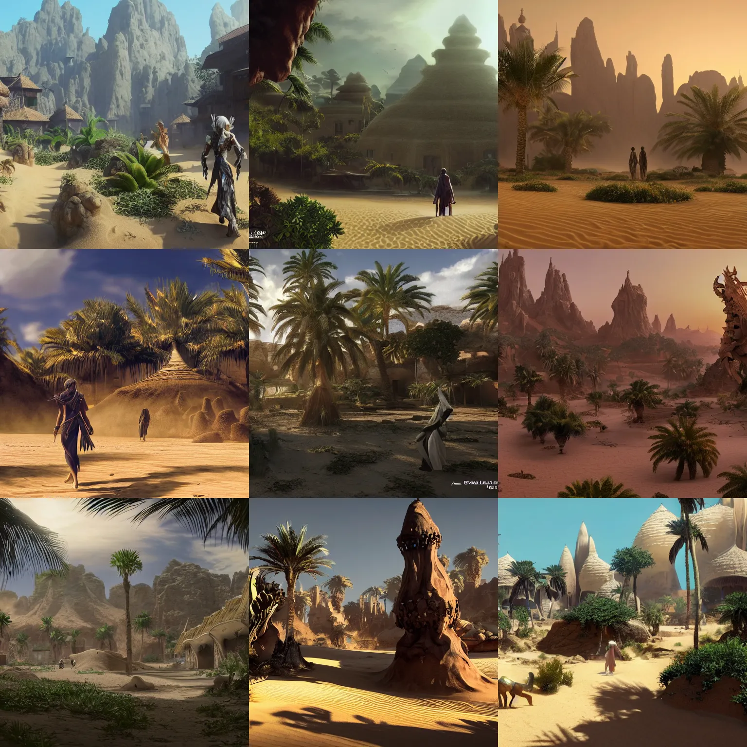 Prompt: an isolated but lively village with spiritual sacred alien architecture in the lush oasis of a vast hot sand desert, 3 rd person action adventure, screenshot, gameplay, final fantasy, square enix, jrpg, cutscene, unreal engine, 4 k, ultra high settings, rtx, next gen graphics, playstation 5, greg rutkowski, tetsuya nomura, concept art