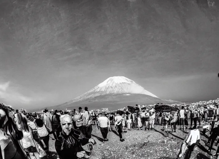 Image similar to old photo of greeks wich drink wine and have fun against the backdrop of mount vesuvius starting to erupt, photo by hunter thompson, fisheye 4, 5 mm, diffused backlight