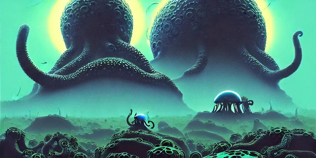 Prompt: highly detailed illustration of a nausicaa alien cephalopod in a world overgrown with fungus and spores, diffuse lighting, fog, stunning atmosphere, religious imagery, huge gargantuan black sun, muted colors, by roger dean, kilian eng. mœbius