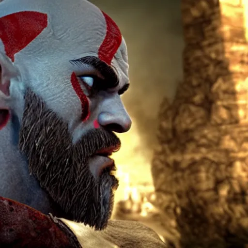 Prompt: close up side view of kratos from god of war staring at a hamburger