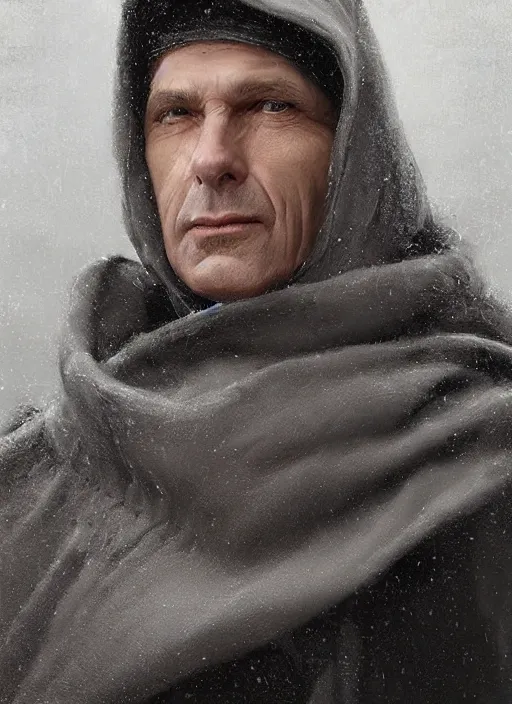 Prompt: a clean shaven man aged 4 0 with blonde hair and hazel eyes and a friendly expression. he is wearing a grey cloak. head and shoulders portrait painting by greg rutkowski.