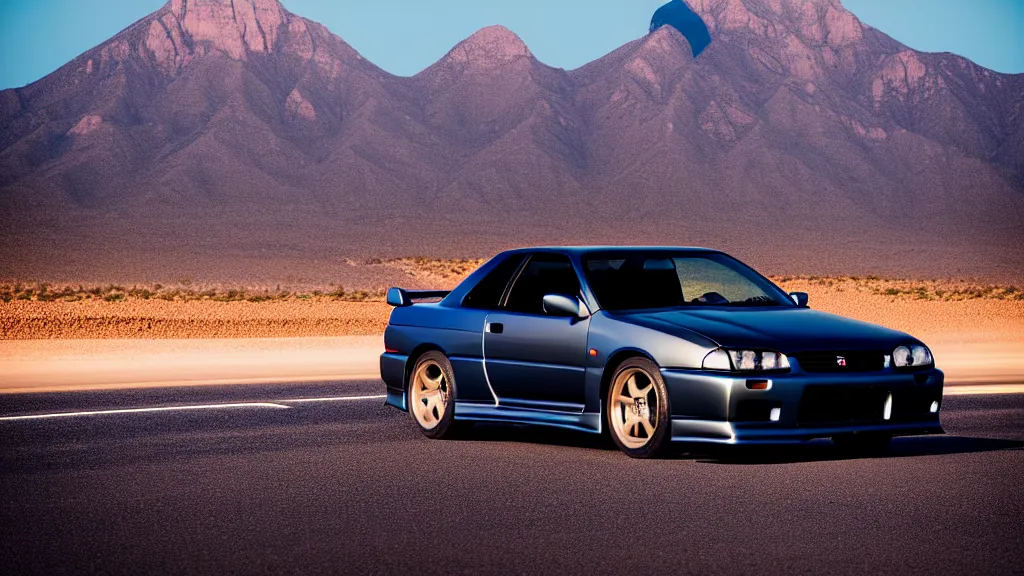 Image similar to three quarter front photo of a stock dark grey nissan r 3 2 skyline gtr on a road in a desert with a mountain in the background in the early morning, car photography, depth of field, depth blur, zoom lens, blue hour, photorealistic