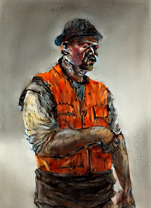 Image similar to a russian railroad electrician!!!, male!!, wearing orange vest!!, siberia!!, portrait, 3 5, dirty, fat, ugly, intricate, elegant, highly detailed, digital painting, artstation, concept art, wallpaper, smooth, sharp focus, illustration, art by artgerm and greg rutkowski and alphonse mucha