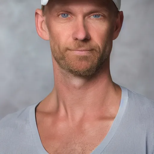 Image similar to color photograph of a 40 year old very handsome white skinny man with short, curly, blond hair and very small blue eyes, dressed in a white t shirt, gray shorts and a gray cabby cap, with a small mole to the right of his very thin lips, with a straight nose and blond stubble, with a round face, and an earring in the left ear. He resembles a lion.