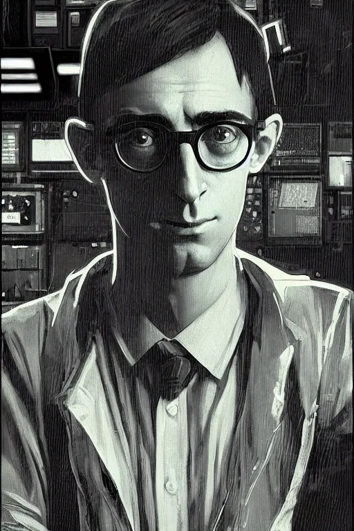 Prompt: hyperrealist cyberpunk portrait of a young ducktail bearded middle eartern woody allen, it is decorated with long computer wires and computer monitors in the cyberpunk office background. by jeremy mann and alphonse mucha, fantasy art, photo realistic, dynamic lighting, artstation, poster, volumetric lighting, very detailed faces, 4 k, award winning