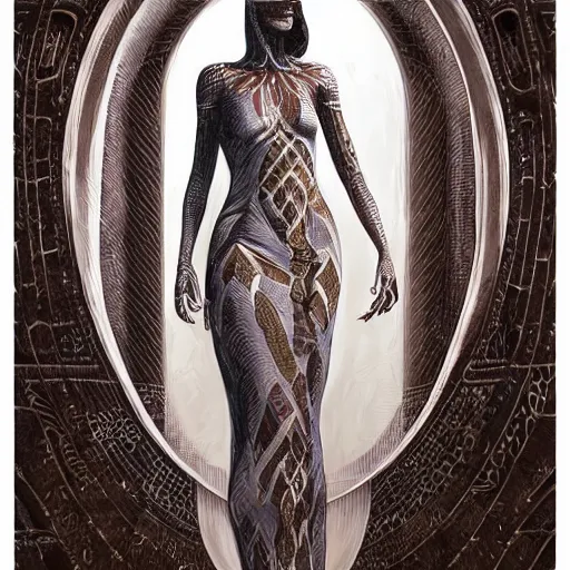 Prompt: portrait of tall, long-necked lipless mutant woman covered with elaborately patterned brown and white scales wearing gauze toga and standing in cyberpunk art deco mosque, alien bestiary by Barlowe, Greg Rutkowski, and Yoshitaka Amano