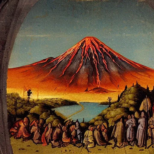 Image similar to medieval painting of Mordor with the mount doom, landscape