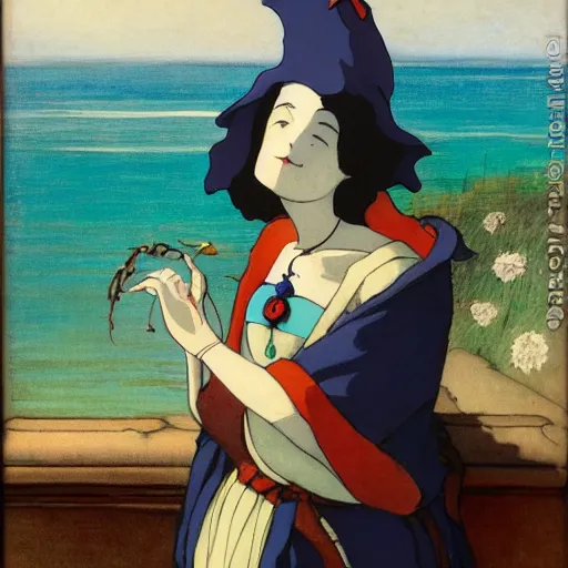 Image similar to A jester on the front of a Balustrade with a beach on the background, a colab between studio ghibli and paul delaroche