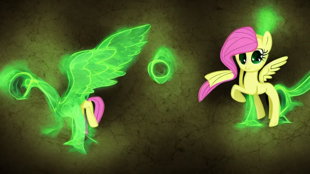 Image similar to 3D Fluttershy from My Little Pony as a necromancer, standing over a tomb stone, bright green swirls coming up it, glowing aura around her, pitch black background, dramatic and colorful lighting, floating green chibi glowing skulls, smoke all around, insane special effects, unrealengine, 4k, HDR, unique camera angle, bones lying on the ground, inside a crypt, skeletons rising from the dead, artwork, gothic style, detailed feathers, detailed faces with large eyes and pupils