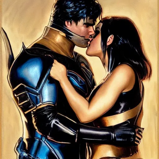 Image similar to close up of nightwing and bat girl kissing in full leather armor, cinematographic shot, by daniel f. gerhartz