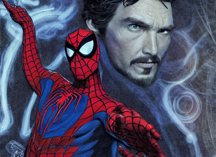 Image similar to a highly detailed ( ( ( ( ( spiderman ) ) ) ) ) portrait of stephen strange, james gurney, james jean