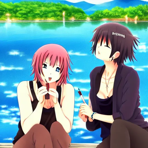 Prompt: two beautiful lesbian girls in love, smoking a hemp cigarette in front of a lake, in the style of anime, pixiv, intricate, elegant, highly detailed, lush, stylized, japanese, smooth