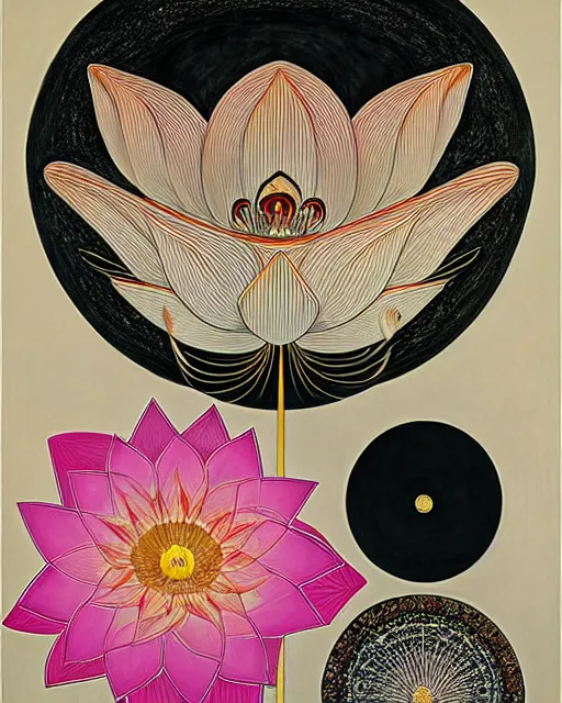 Image similar to blossoming lotus, rhythm, imperil, by hilma af klint, moebius, victo ngai, laurie greasly