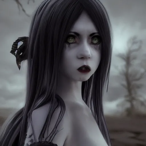 Prompt: full shot portrait of angry darkness anime girl at moonlight, gothic wearing, worrying eyes, inspired by Tim Burton, highly detailed, unreal engine 4k volumetric light, fog,