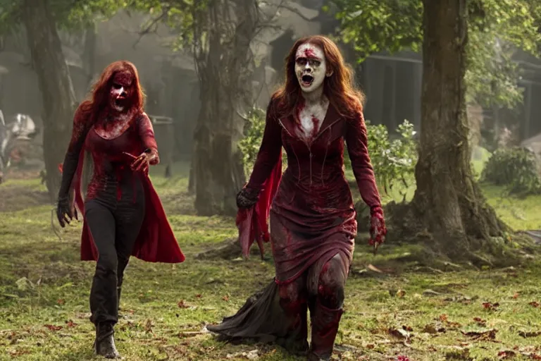 Image similar to film still of zombie zombie Scarlet Witch as a zombie in new avengers movie, 4k