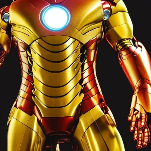 Image similar to a close up photo of a detailed golden statue of Iron Man, 8K,