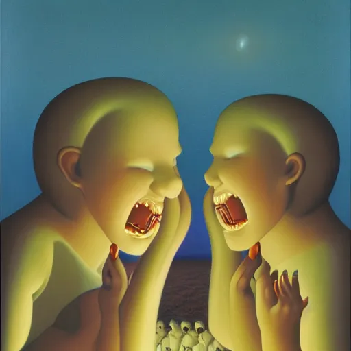 Image similar to Soul eating angels satisfy their hunger, light illumination at sunset, by George Tooker height 768