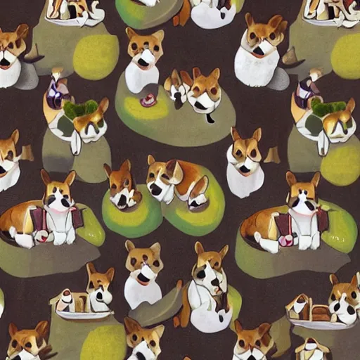 Prompt: painting of an army of avocado armchairs battling corgis riding corgis