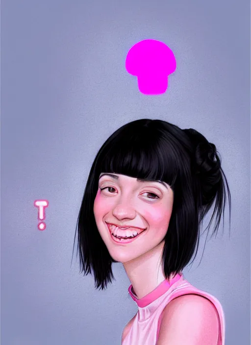 Image similar to portrait of high school girl, realistic, black hair, bangs, half updo hairstyle, pointy nose, skinny, smile, ugly, defined jawline, big chin, pink hair bow, earrings, intricate, elegant, glowing lights, highly detailed, digital painting, artstation, sharp focus, illustration, art by wlop, mars ravelo and greg rutkowski