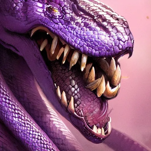 Prompt: a close-up look of a violet snake-head, snake head, two fangs, violet theme, epic fantasy digital art style, fantasy artwork, by Greg Rutkowski, fantasy hearthstone card art style