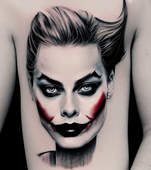 Image similar to tattoo design sketch of beautiful margot robbie portrait with joker makeup, in the style of den yakovlev, realistic face, black and white, realism tattoo, hyper realistic, highly detailed