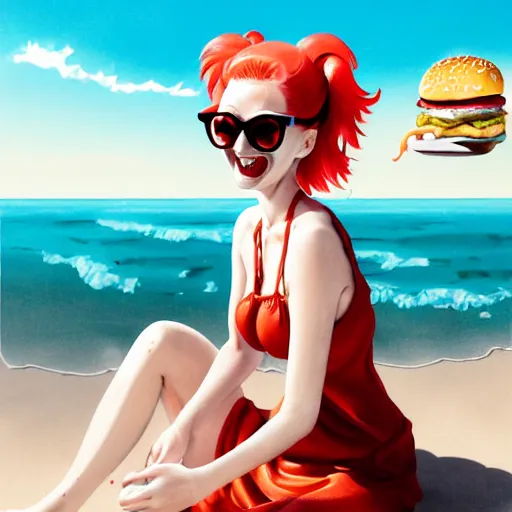 Image similar to Extremely Detailed and Full Portrait scene of Gooey Ocean scene in ink and refined sand, Red Hair pigtail anime woman with shades on face. wearing a sundress full body smiling while eating a cheese burger. The cheeseburger is leaking red sauce all over the place by Akihito Yoshitomi AND Yoji Shinkawa AND Greg Rutkowski, Mark Arian trending on artstation