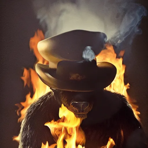 Image similar to UHD candid photo of Smokey The Bear in the lavatory sitting on a porcelain throne, playing with fire, by Annie leibowitz, photorealisitc, extremely detailed