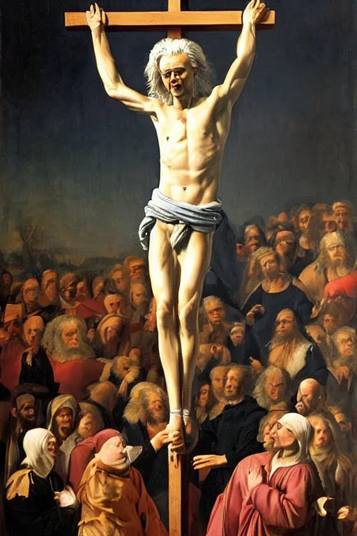 Prompt: painting of lifelike wailing geert wilders being crucified, renaissance, breathtaking painting