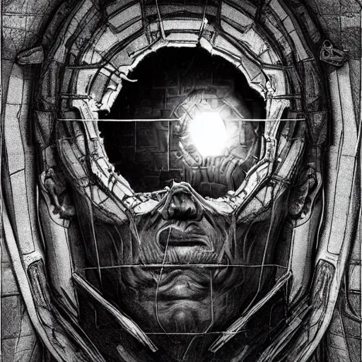 Image similar to the man stuck in the wall, creepy explorer sketch, godlike design, concept art, beyond the void, grand scale, intricate detailed