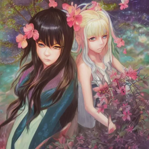 Image similar to Shion and Rimuru Tempest in the style of Magic The Gathering MTG by Hikari Shimoda and Charlie Bowater