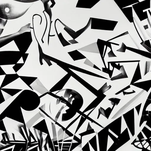 Image similar to visual representation of be - bop jazz music, black and white, abstract, dark, unreal, insightful, philosophical, moma museum,