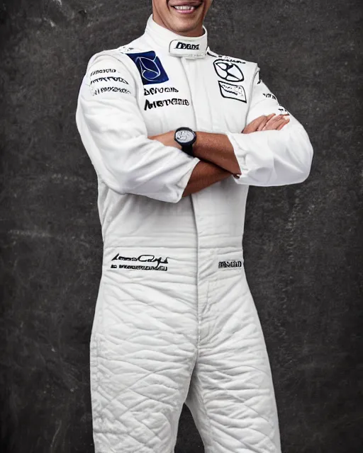 Image similar to a portrait of a mercedes f 1 driver in a white overall with the face of barack obama, outdoor, professional portrait photography, ambient light