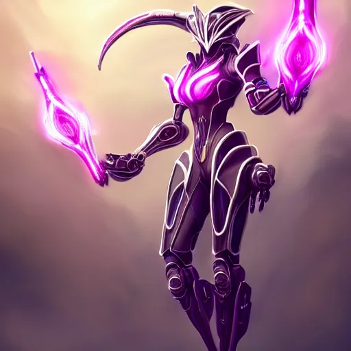 Image similar to highly detailed exquisite fanart, of a beautiful female warframe, but as an anthropomorphic robot female dragon, making an elegant pose, shining reflective off-white plated armor, bright Fuchsia skin, sharp claws, full body shot, epic cinematic shot, realistic, professional digital art, high end digital art, DeviantArt, artstation, Furaffinity, 8k HD render, epic lighting, depth of field