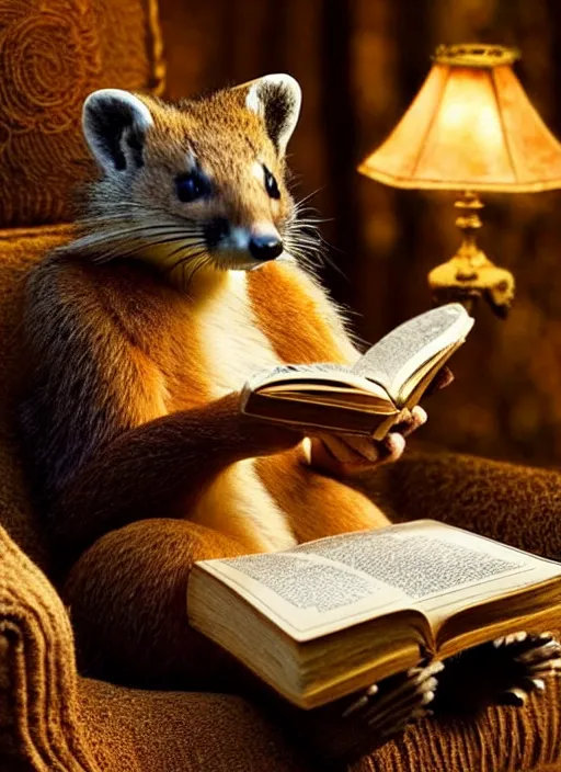 Image similar to A beautiful scene from a 2022 fantasy film featuring a humanoid pine marten wearing loose white clothing reading an ancient tome on a couch. An anthropomorphic pine marten. Golden hour.