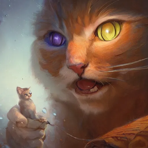 Prompt: a detailed portrait of cat that is doing a magical painting, by justin gerard and greg rutkowski, digital art, realistic painting, dnd, character design, trending on artstation