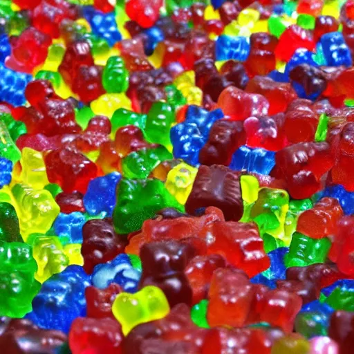 Prompt: Gummy Bear candies alive, caught on camera, lost footage, blurry, shouldn't be seen, backrooms