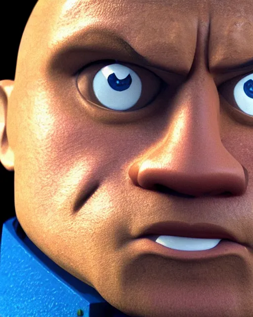 Prompt: Film still close-up shot of Dwayne Johnson as the Thomas the Tank Engine. Photographic, photography