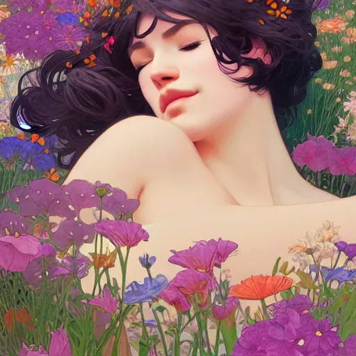 Image similar to a woman sleeping in the middle of flowers, confident pose, pixie, genshin impact, intricate, elegant, sharp focus, illustration, highly detailed, concept art, matte, trending on artstation, lisa frank, alfons mucha, art by wlop and artgerm and greg rutkowski, ilya kuvshinov, strong strokes