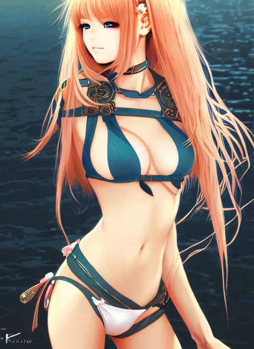 Image similar to portrait of beautiful young anime girl in bikini armor, cute-fine-face, pretty face, realistic shaded Perfect face, fine details. Anime, cyberpunk, Warhammer, highly detailed, artstation, illustration, art by Ilya Kuvshinov and Gustav Klimt