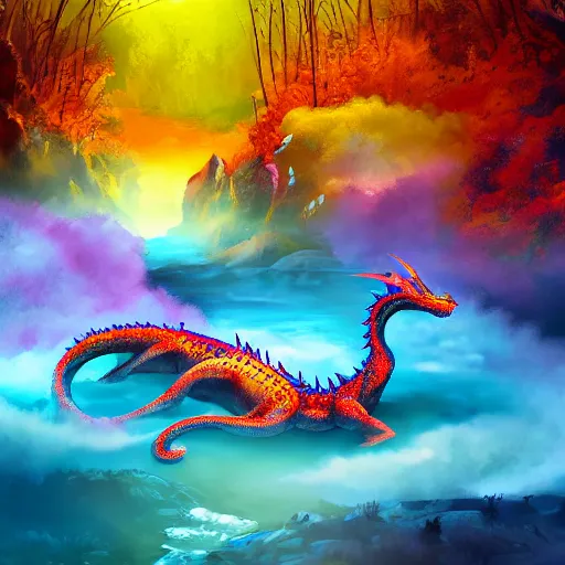 Image similar to highly detailed photograph of a dragon in a colorful hotspring with forest backdrop, featured on artstation