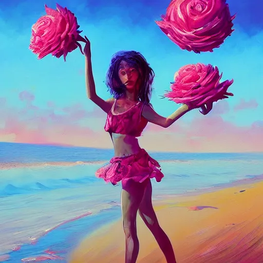 Image similar to portrait, giant rose flower head, girl dancing at the beach, surreal photography, sunrise, blue sky, dramatic light, impressionist painting, digital painting, artstation, simon stalenhag